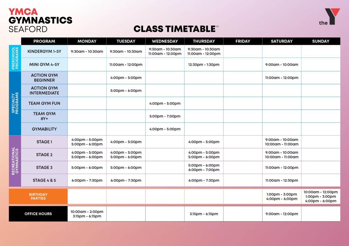 Gymnastics Timetables Seaford V4